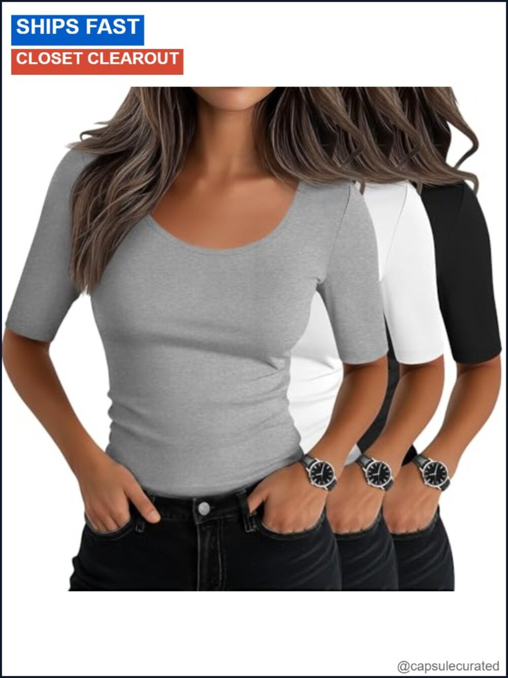Women's 3 Pack Scoop Neck Half Sleeve Tops Cotton Blend